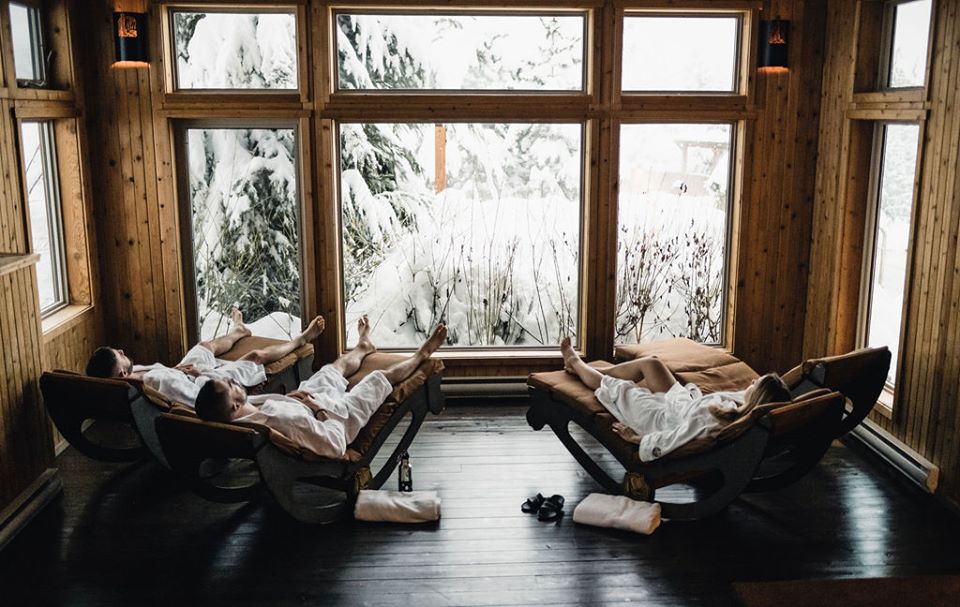 Relaxing in a solarium at Scandinave Whistler